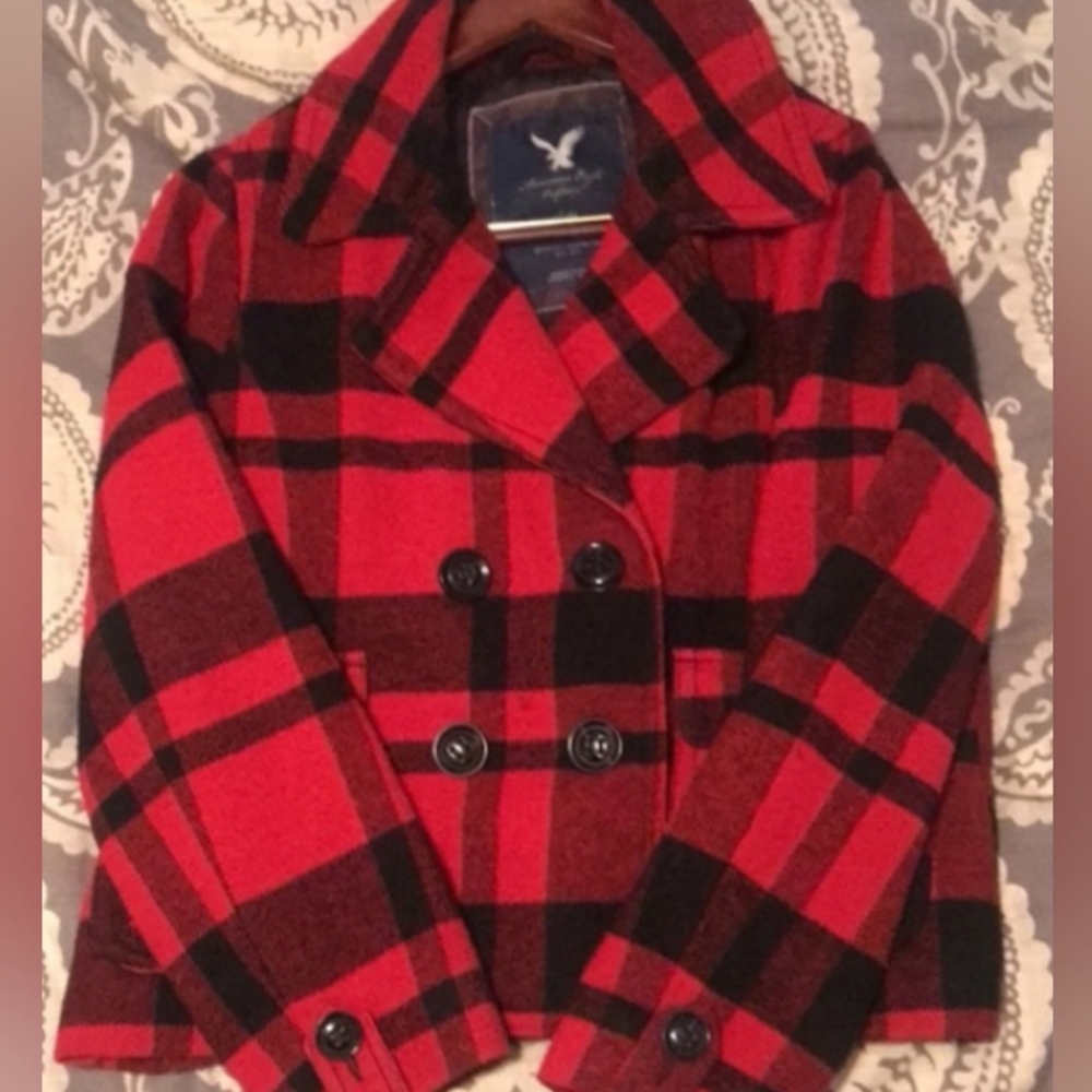American Eagle Red/Black Pea Coat, Size XL, EUC